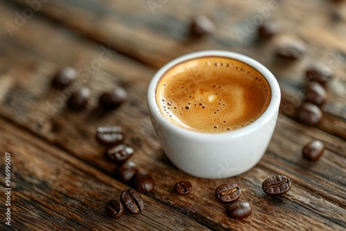 Close-up of Espresso in White Cup with Coffee Beans on Rustic Wood