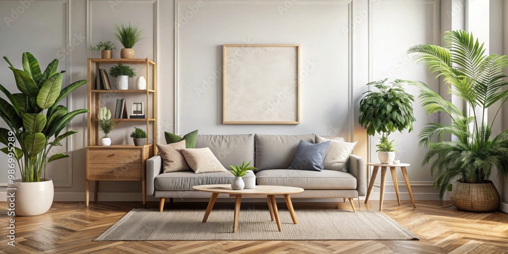 Mock up poster frame in Scandinavian style living room interior with a cozy sofa, wooden floor, and plants Mock up poster frame in Scandinavian style living room interior with a cozy sofa, wooden floor, and plants
