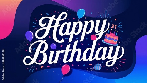 Vibrant 21st Birthday Celebration, Festive Design with Balloons, Cake, and Confetti