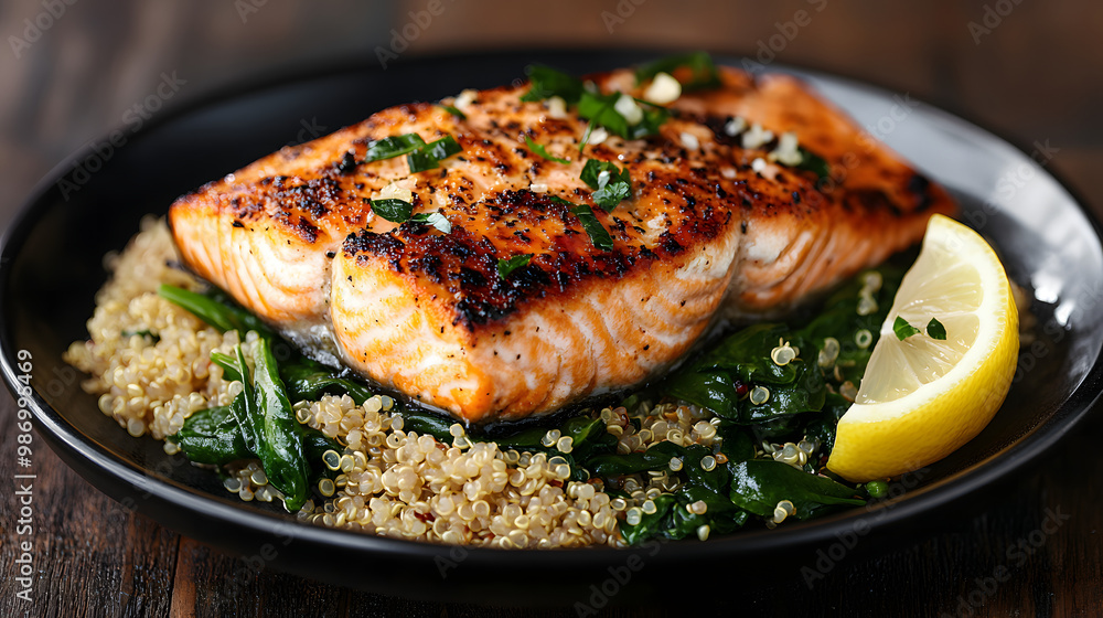 A perfectly grilled salmon fillet with a crispy skin, served on a bed of quinoa and sautéed spinach, with a lemon wedge on the side A perfectly grilled salmon fillet with a crispy skin, served on a bed of quinoa and sautéed spinach, with a lemon wedge on the side
