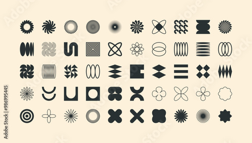 Brutalist geometric shapes, modern symbols. Simple primitive elements and forms. Retro design, trendy contemporary minimalist style, y2k. Vector illustration
