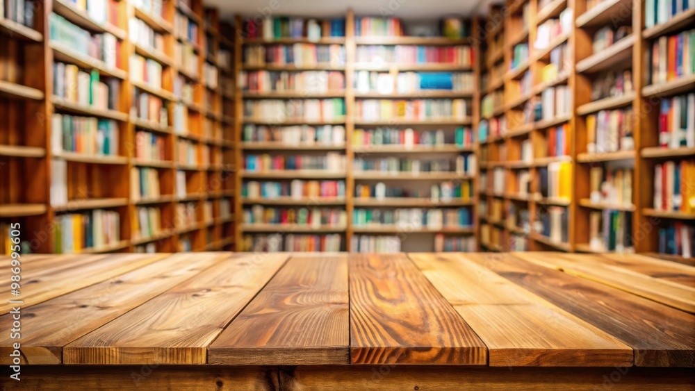 Obraz premium Empty wooden table top surrounded by blurry bookshelves in a bookstore