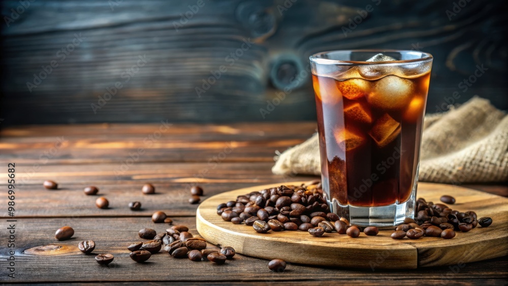 Cold brew coffee and coffee beans in a glass on a wooden board with natural lighting Cold brew coffee and coffee beans in a glass on a wooden board with natural lighting