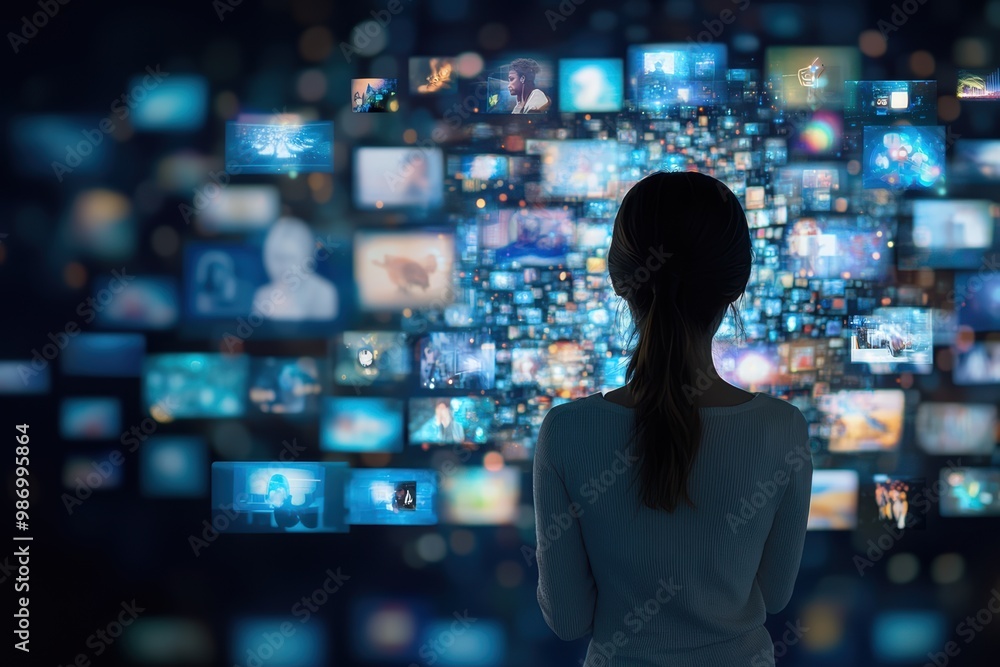 Woman Connecting to Animated Stream Of Content. Visualization Browsing Metaverse Big Data with Viral Videos, Social Media Profiles with Influencers, and Internet Woman Connecting to Animated Stream Of Content. Visualization Browsing Metaverse Big Data with Viral Videos, Social Media Profiles with Influencers, and Internet