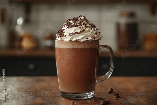 A Glass of Chocolate Drink Topped with Whipped Cream and Chocolate Shavings photo