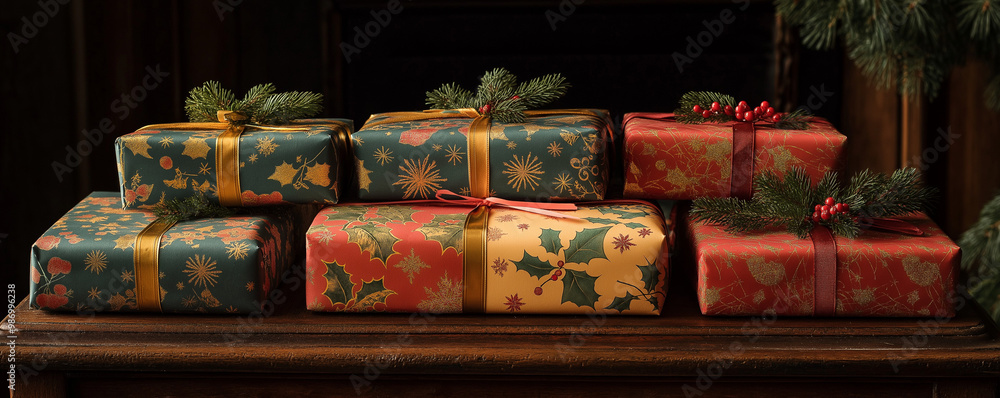 Christmas presents wrapped with New Year’s Eve themed paper Christmas presents wrapped with New Year’s Eve themed paper