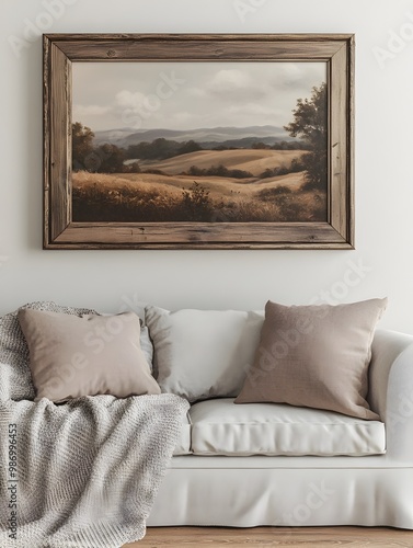 Cozy and inviting farmhouse living room with a reclaimed barn wood frame showcasing a peaceful landscape painting  Soft natural lighting a comfy sofa