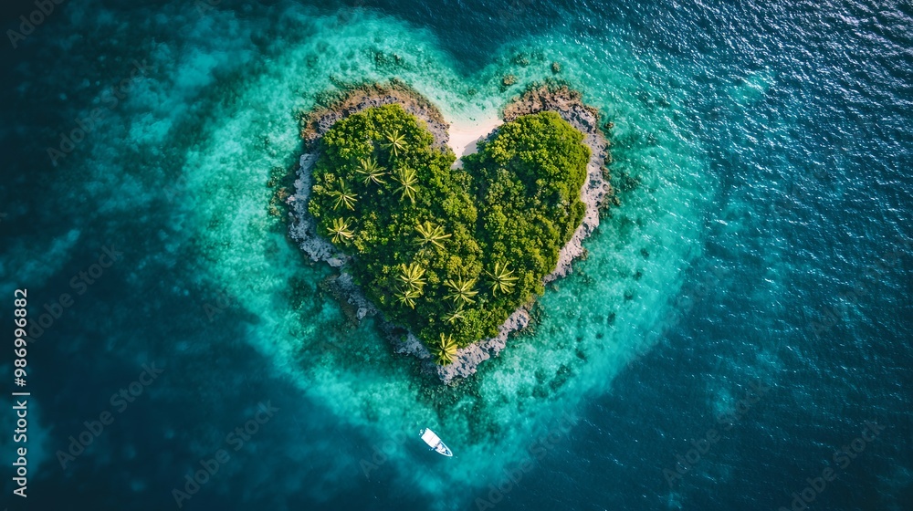 Aerial view of a heart-shaped island surrounded by clear blue water, lush greenery, and a small boat nearby. Aerial view of a heart-shaped island surrounded by clear blue water, lush greenery, and a small boat nearby.
