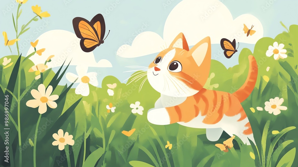 A playful cat chases butterflies in a vibrant meadow, surrounded by colorful flowers and a bright blue sky. A playful cat chases butterflies in a vibrant meadow, surrounded by colorful flowers and a bright blue sky.