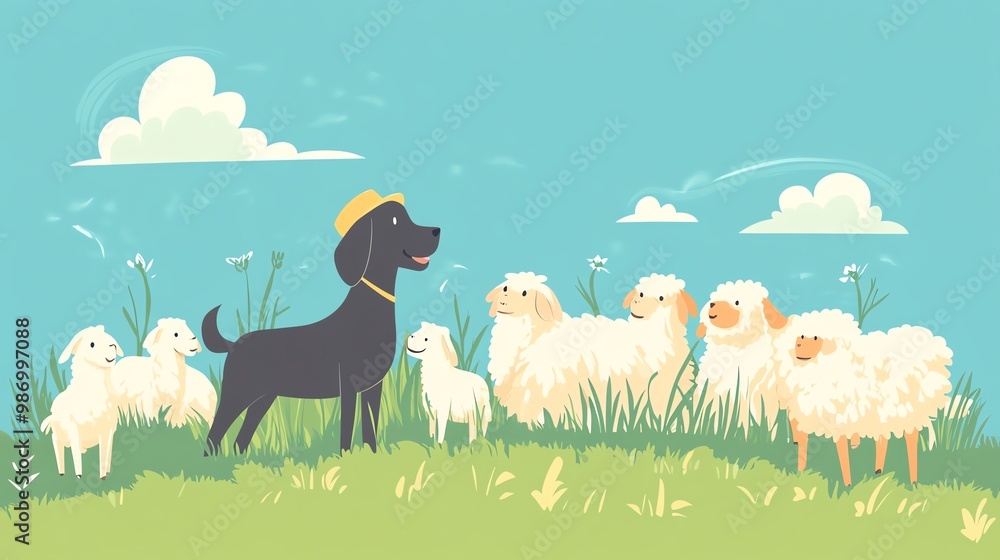 A playful dog in a hat watches over a flock of fluffy sheep in a vibrant pasture under a clear blue sky. A playful dog in a hat watches over a flock of fluffy sheep in a vibrant pasture under a clear blue sky.