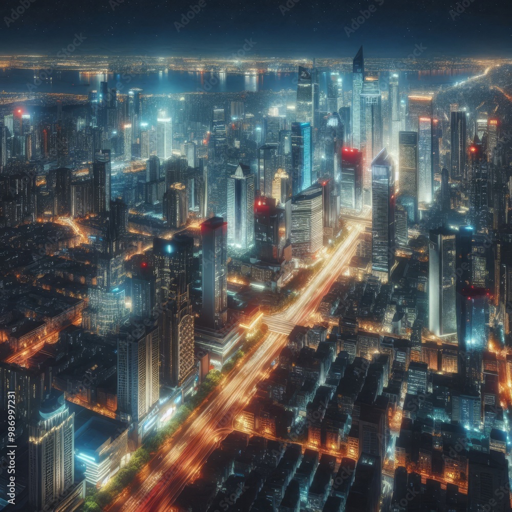 A top-down view of an advanced futuristic city, with skyscrapers and streets illuminated by neon lights. The intricate layout of the city, combined with its glowing architecture, creates a stunning A top-down view of an advanced futuristic city, with skyscrapers and streets illuminated by neon lights. The intricate layout of the city, combined with its glowing architecture, creates a stunning