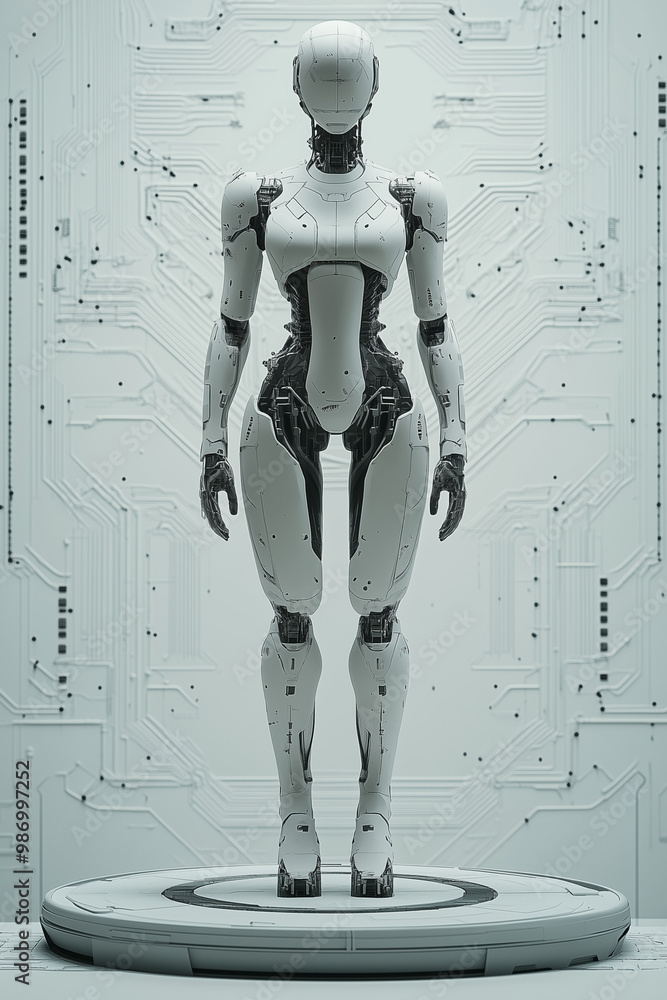Front view of a female android standing in a rounded product platform Front view of a female android standing in a rounded product platform