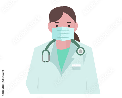 マスクをした医療従事者の女性。マスクを着用した医者。ベクターイラスト