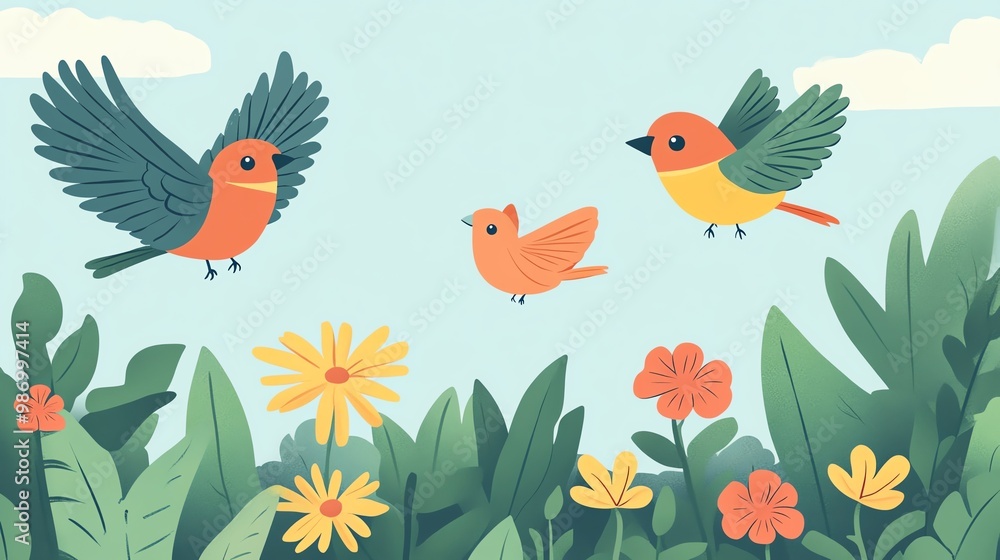 Obraz premium Three colorful birds play among vibrant flowers under a blue sky, creating a cheerful and lively spring scene.