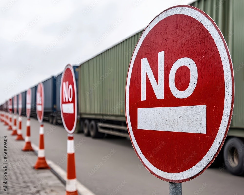Traffic signs indicating no entry beside parked freight trucks on a ...