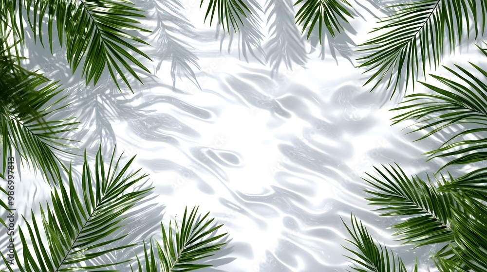Top view of a transparent shadow overlay effect with palm leaves, water ripples, and sunlight reflections. Top view of a transparent shadow overlay effect with palm leaves, water ripples, and sunlight reflections.