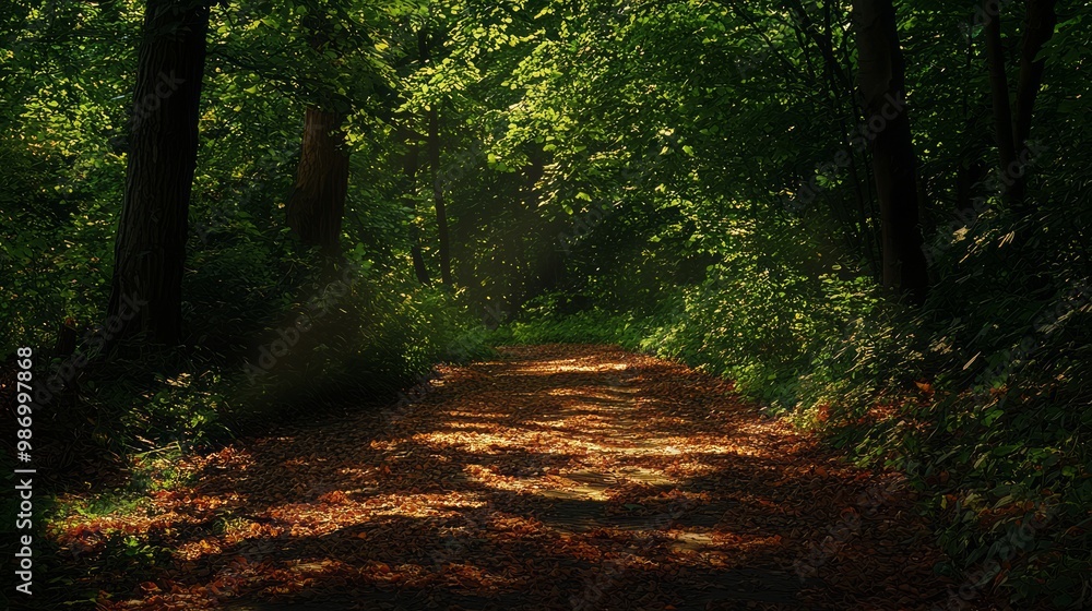 Obraz premium Serene Forest Path Bathed in Dappled Sunlight with Intriguing Leaf Shadows Pattern on Ground