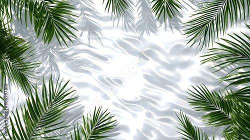 Top view of a transparent shadow overlay effect with palm leaves, water ripples, and sunlight reflections.