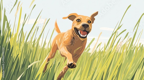 A happy dog joyfully running through a field of tall grass under a bright blue sky, capturing the essence of freedom and playfulness. photo