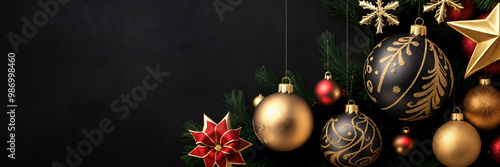 Magical Merry Christmas and Happy New Year background with snow-covered trees, festive ornaments, and twinkling lights, creating a joyful and enchanting holiday season atmosphere