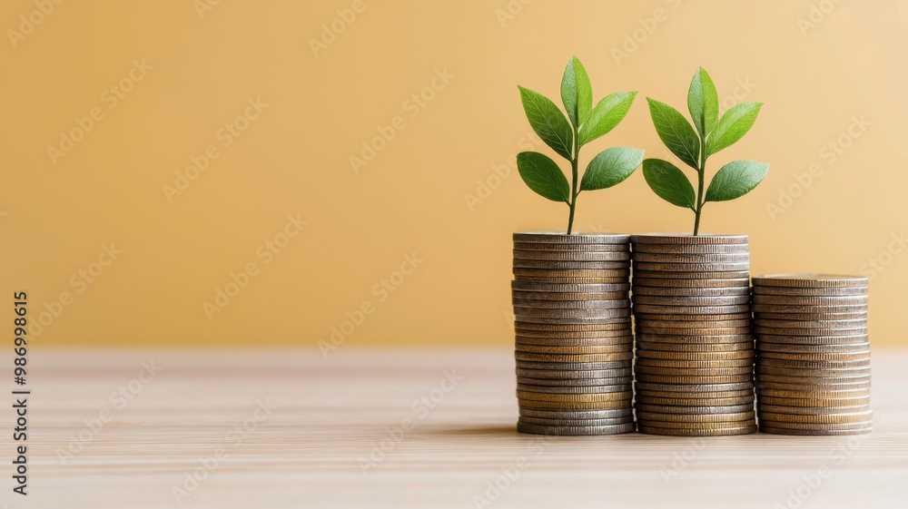 Plant sprouts emerge from stacks of coins, symbolizing growth and investment. Plant sprouts emerge from stacks of coins, symbolizing growth and investment.