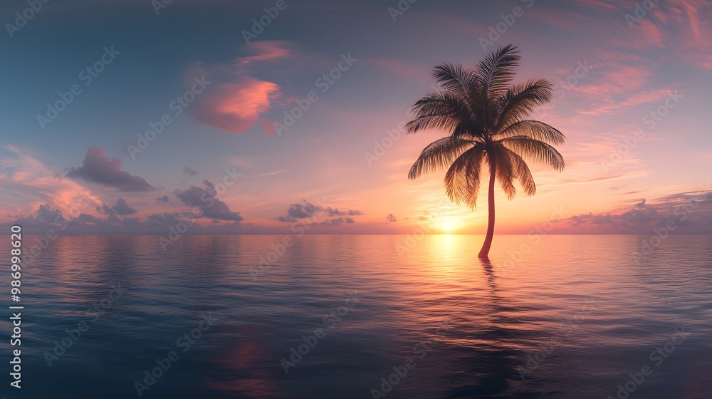 Tropical island with a palm tree at sunset, shown as a 360-degree HDRI panorama. Tropical island with a palm tree at sunset, shown as a 360-degree HDRI panorama.