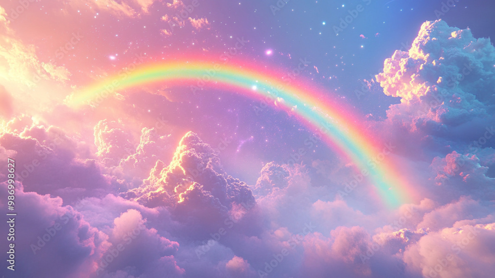 the rainbow stretching across the sky, vibrant and glowing. The clouds have completely transitioned into soft. the rainbow stretching across the sky, vibrant and glowing. The clouds have completely transitioned into soft.