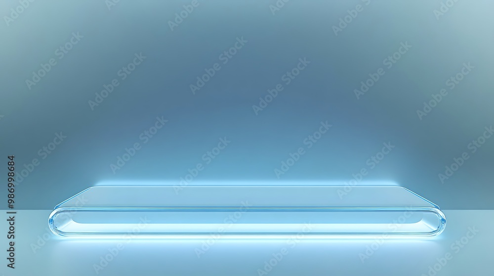 A glowing blue glass platform against a light blue background. A glowing blue glass platform against a light blue background.