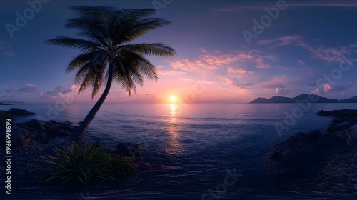 Tropical island with a palm tree at sunset, shown as a 360-degree HDRI panorama.