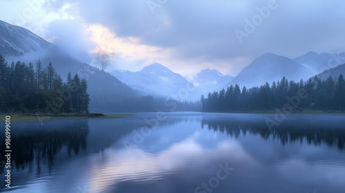 Tranquil Dusk Reflections on Mountain Lake - Serene Nature Landscape with Play of Light and Shadow