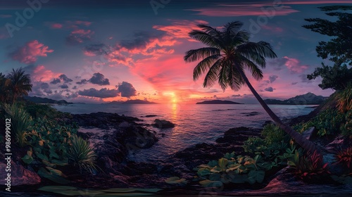 Tropical island with a palm tree at sunset, shown as a 360-degree HDRI panorama.