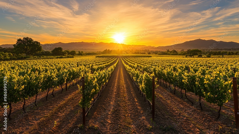 Fototapeta premium Majestic Sunset Over Vineyard with Rows of Grapevines Casting Shadows on Ground