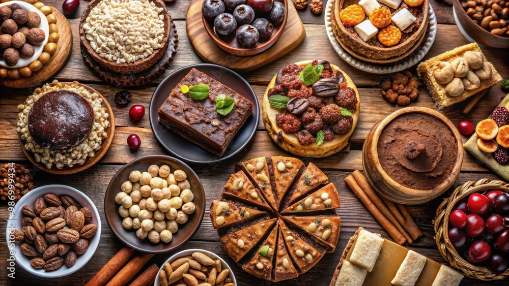 A table overflowing with a variety of decadent desserts and an assortment of nuts A table overflowing with a variety of decadent desserts and an assortment of nuts