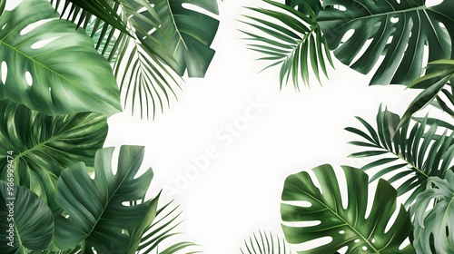 Tropical leaves banner isolated on a transparent background, featuring a variety of fresh tropic plant leaves. photo