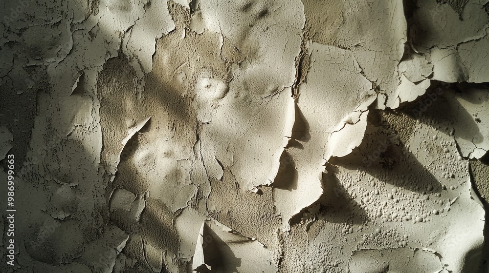 Weathered Wall with Peeling Paint: A Close-Up Textured Surface with Depth and Shadows Weathered Wall with Peeling Paint: A Close-Up Textured Surface with Depth and Shadows