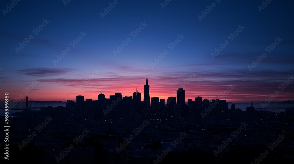 Fototapeta premium Urban Awakening: Dramatic City Skyline Silhouetted at Sunrise