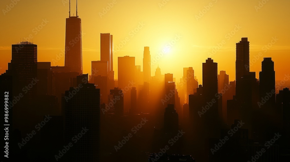 Naklejka premium Serene Sunrise Cityscape: Dramatic Contrast of Dawn Light on Urban Silhouettes
