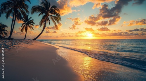 Tropical Paradise: Serene Beach Sunset with Palm Tree Silhouettes Casting Shadows on Sand