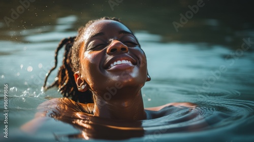 A serene moment captured as a person submerges their face in water, eyes closed, basking in tranquility with droplets sparkling around. photo