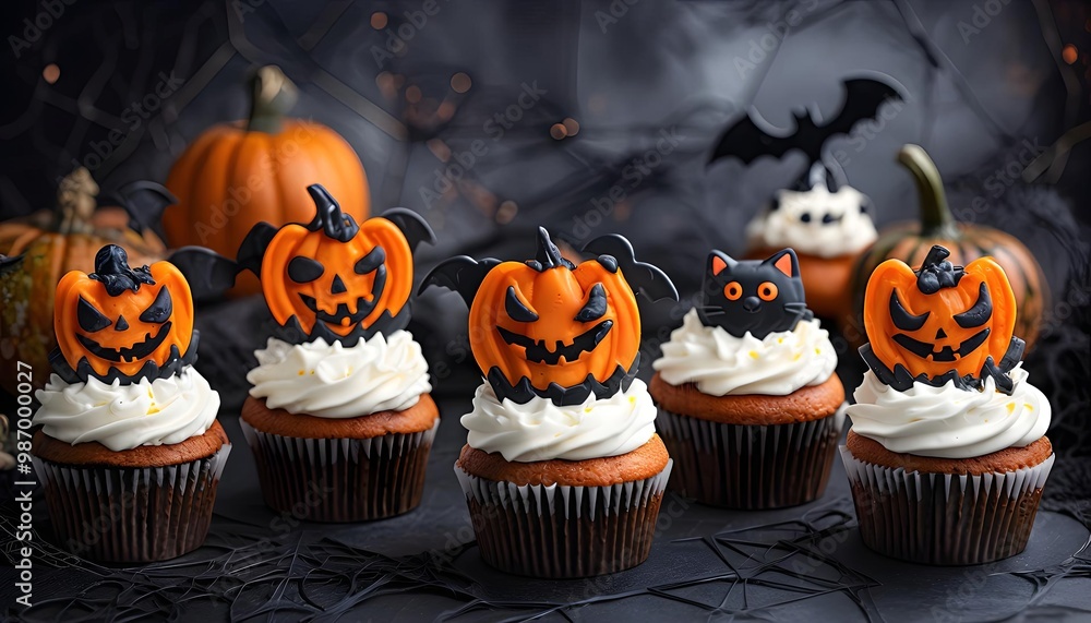 Halloween cupcakes with jack-o-lantern toppers on dark background, festive party decoration Halloween cupcakes with jack-o-lantern toppers on dark background, festive party decoration