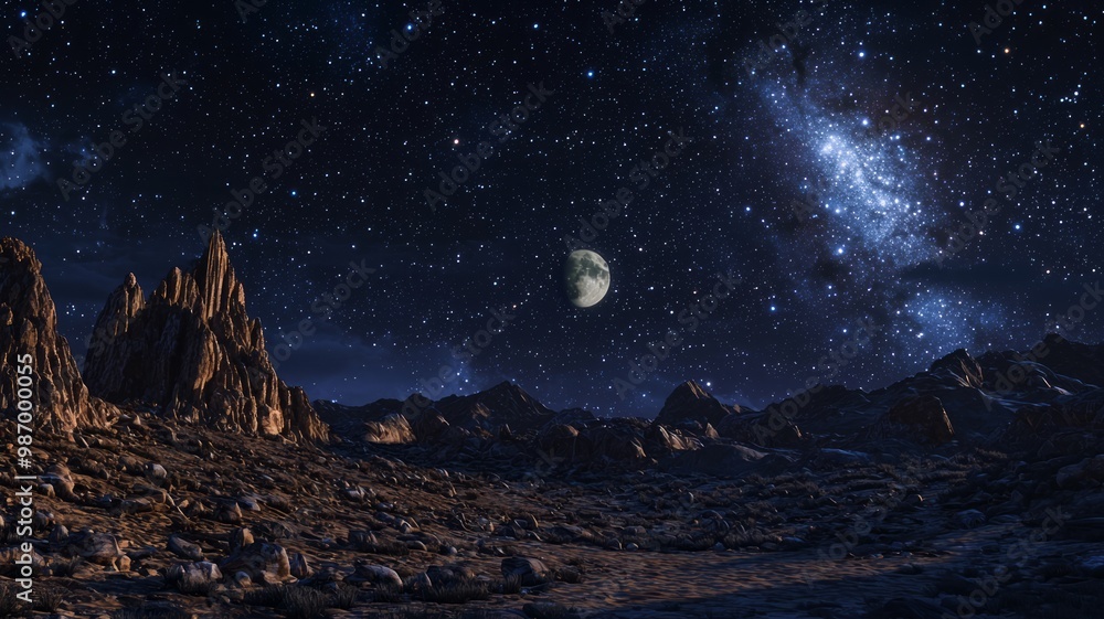 Enchanted Night: Moonlight Shadows and Starry Skies over Rocky Landscape Enchanted Night: Moonlight Shadows and Starry Skies over Rocky Landscape