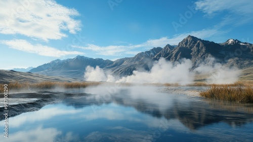 A breathtaking geothermal hot spring landscape with steam rising against a backdrop of snow-capped mountains and a clear blue sky, evoking a sense of natural wonder.