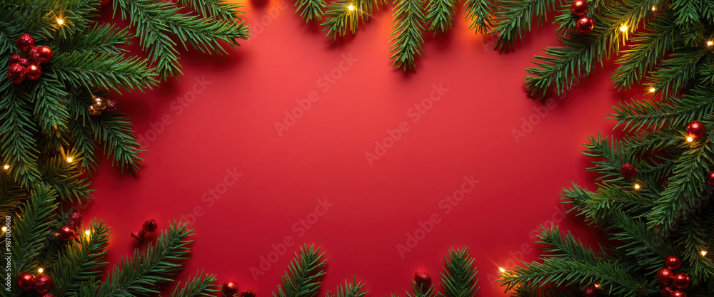 Christmas Background - Red And Green Decorated Pine Branches Festive Holiday Design with Warm Lights Christmas Background - Red And Green Decorated Pine Branches Festive Holiday Design with Warm Lights