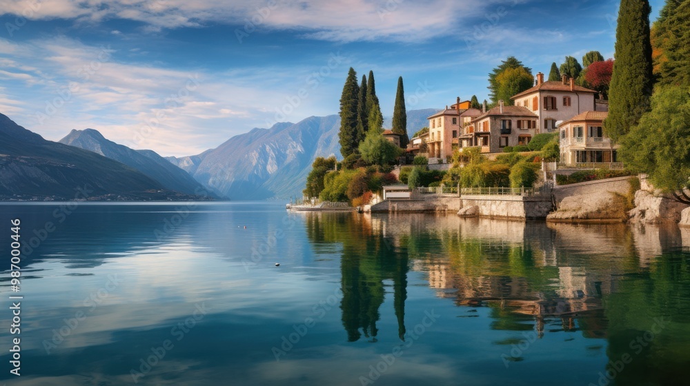 A serene waterfront view of charming homes sitting by a calm, clear lake, with distant mountains and a bright blue sky enriching the picturesque scene. A serene waterfront view of charming homes sitting by a calm, clear lake, with distant mountains and a bright blue sky enriching the picturesque scene.