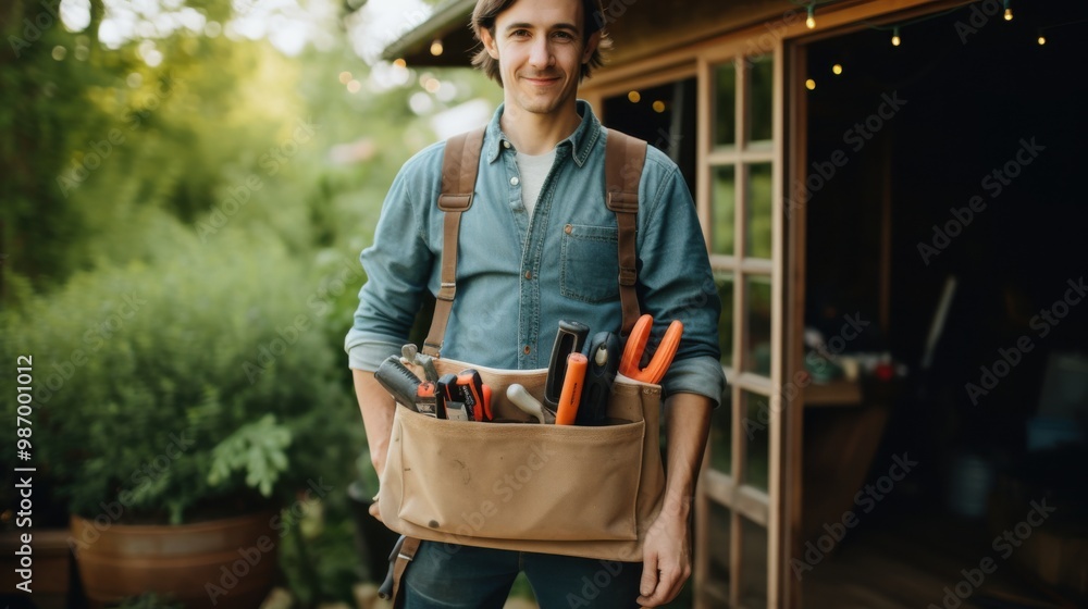Fototapeta premium A tool belt filled with various tools and gadgets worn by a person, ready for hands-on work, symbolizing readiness, craftsmanship, and practicality.