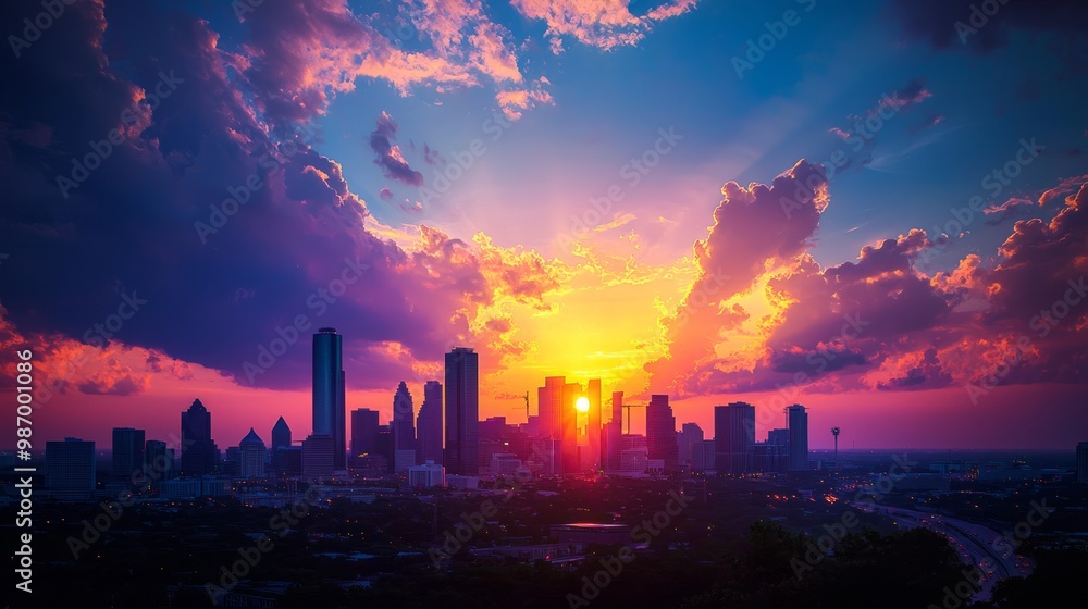 Dynamic Cityscape Silhouetted at Sunset with Vibrant Light and Shadow Interplay Dynamic Cityscape Silhouetted at Sunset with Vibrant Light and Shadow Interplay