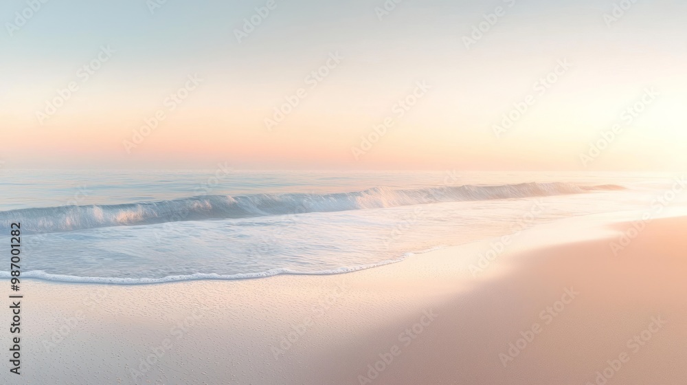Fototapeta premium Tranquil Dawn Beach: Soft Light and Reflection on Sandy Shoreline