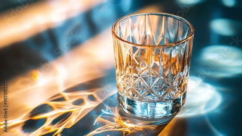 Captivating Light Refractions in Crystal Glass of Water Creating Mesmerizing Shadows on Table