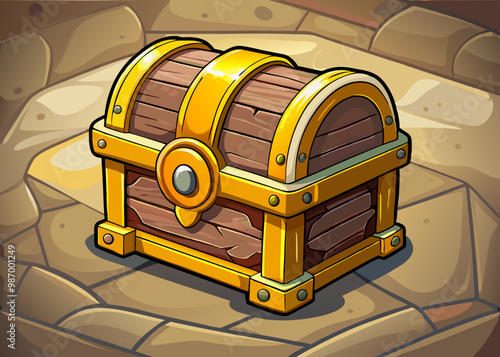 cartoon vector illustration of treasure chest, old vintage, stone isolated background, golden coin