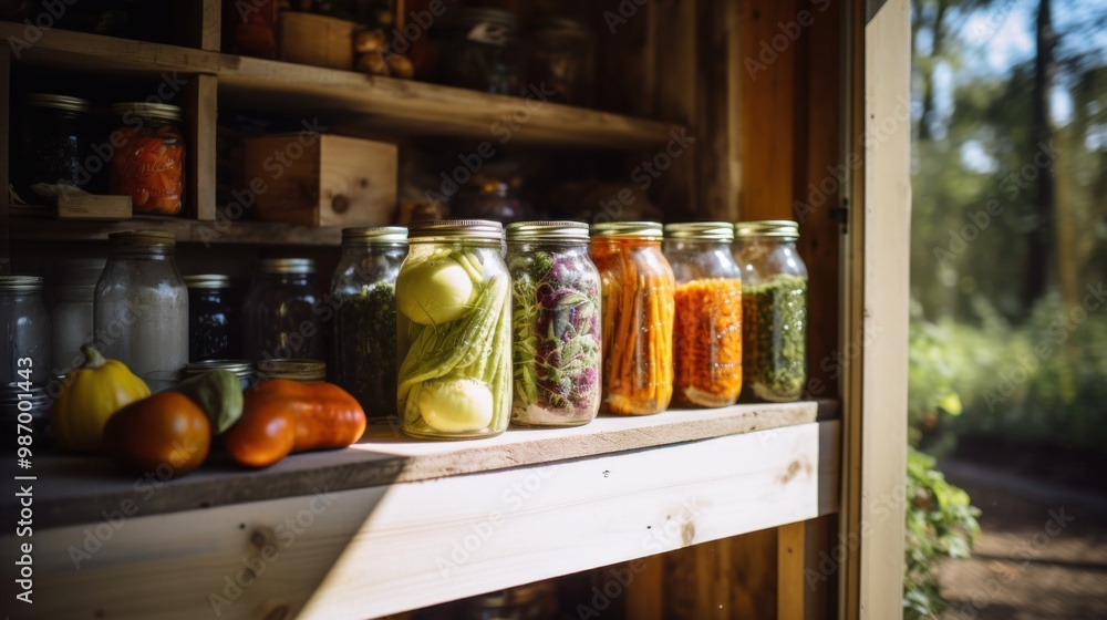 A warm sunlit shelf holds a variety of pickled vegetables in jars, reflecting a cozy and rustic kitchen ambiance filled with homemade preserves. A warm sunlit shelf holds a variety of pickled vegetables in jars, reflecting a cozy and rustic kitchen ambiance filled with homemade preserves.